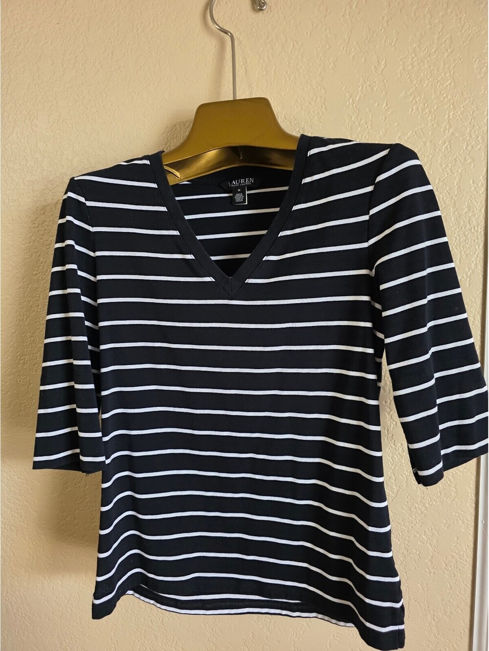 Classic Lauren Ralph Lauren Black and White Striped V-Neck Top, Size M